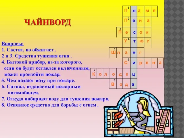 Вопросы: 1. Светит, но обжигает . 2 и 3. Средства тушения