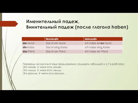 Именительный падеж, Винительный падеж (после глагола haben) Переведи на русский язык