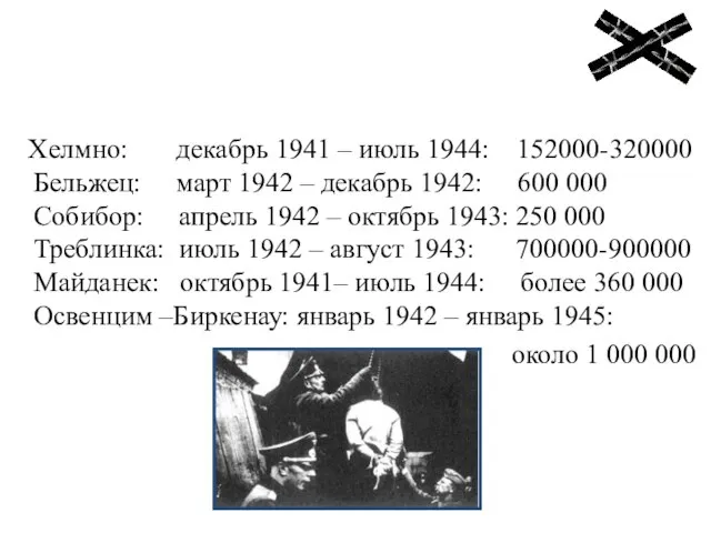 Статистика Хелмно: декабрь 1941 – июль 1944: 152000-320000 Бельжец: март 1942