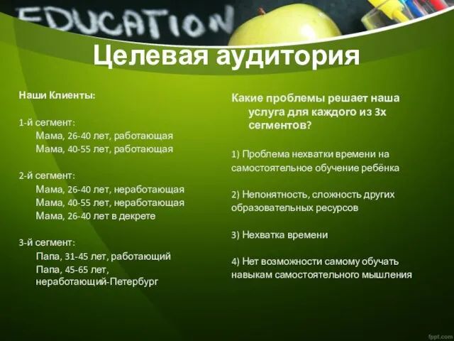 Целевая аудитория Наши Клиенты: 1-й сегмент: Мама, 26-40 лет, работающая Мама,