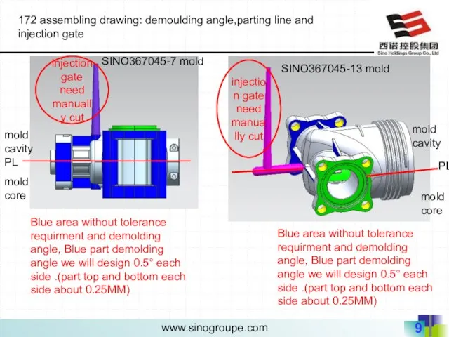 172 assembling drawing: demoulding angle,parting line and injection gate PL mold