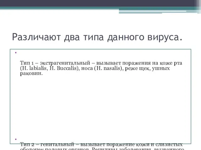 Различают два типа данного вируса. Тип 1 – экстрагенитальный – вызывает