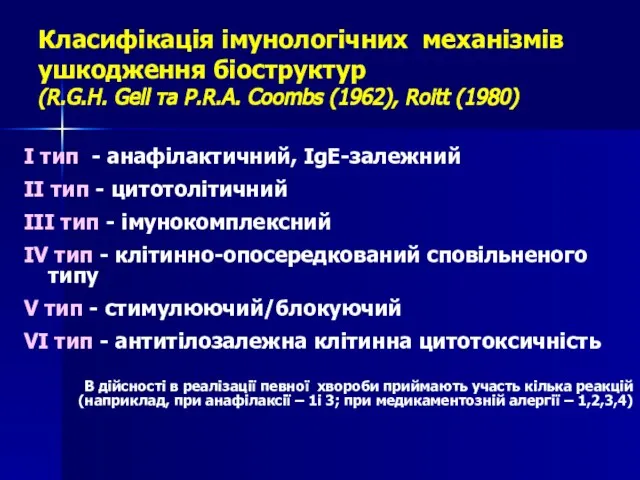 Класифікація імунологічних механізмів ушкодження біоструктур (R.G.H. Gell та P.R.A. Coombs (1962),