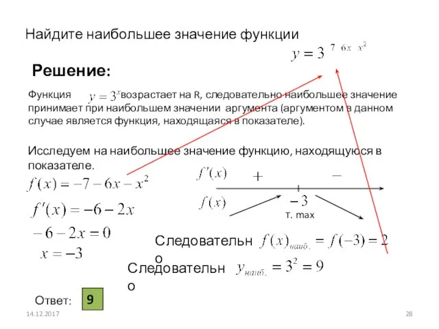 Функция возрастает на R, следовательно наибольшее значение принимает при наибольшем значении