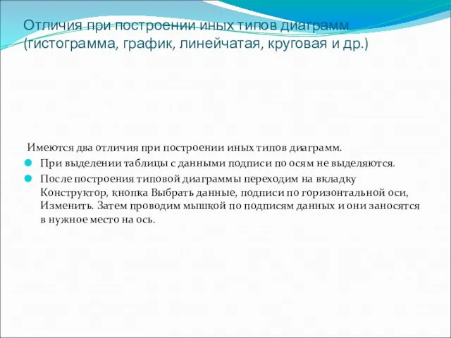 Отличия при построении иных типов диаграмм (гистограмма, график, линейчатая, круговая и