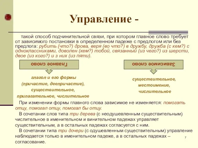 * Управление - такой способ подчинительной связи, при котором главное слово