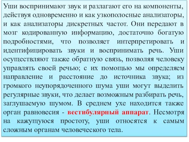 Уши воспринимают звук и разлагают его на компоненты, действуя одновременно и