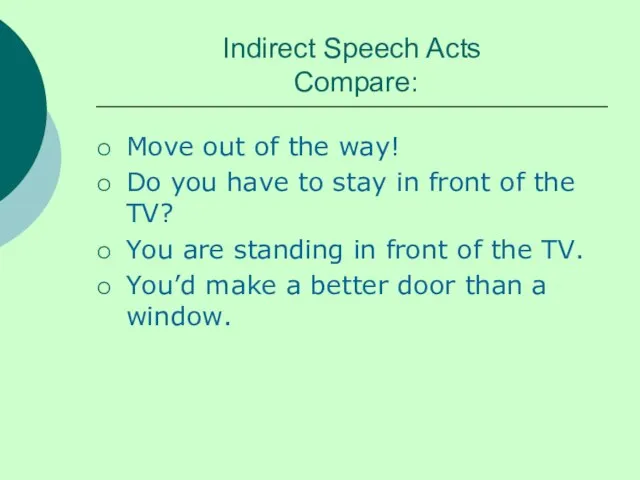 Indirect Speech Acts Compare: Move out of the way! Do you