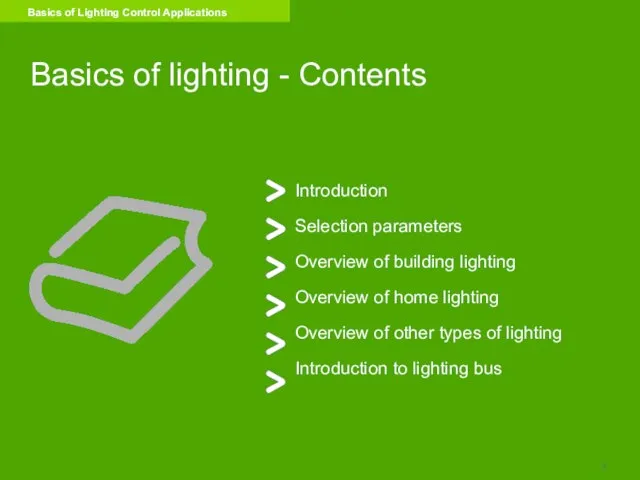 Basics of lighting - Contents Introduction Selection parameters Overview of building