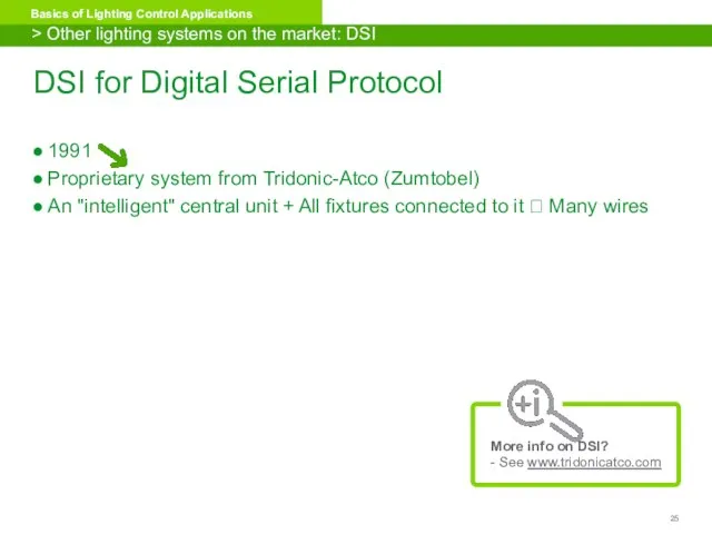 DSI for Digital Serial Protocol 1991 Proprietary system from Tridonic-Atco (Zumtobel)