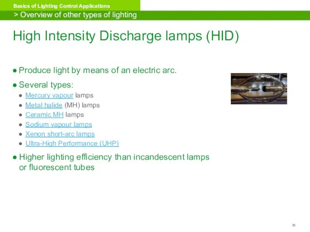 High Intensity Discharge lamps (HID) Produce light by means of an