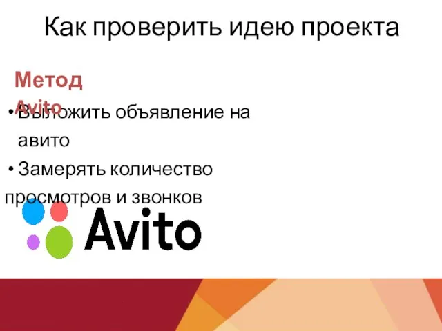 Как проверить идею проекта Выложить объявление на авито Замерять количество просмотров и звонков Метод Avito