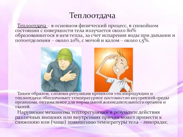 Теплоотдача Теплоотдача – в основном физический процесс, в спокойном состоянии с