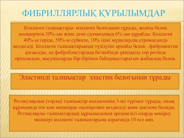 ФИБРИЛЛЯРЛЫҚ ҚҰРЫЛЫМДАР Коллаген талшықтары- коллаген белогынан тұрады, жалпы белок мөлшерінің 30%-ын