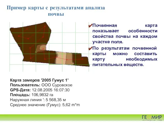 Пример карты с результатами анализа почвы Почвенная карта показывает особенности свойства