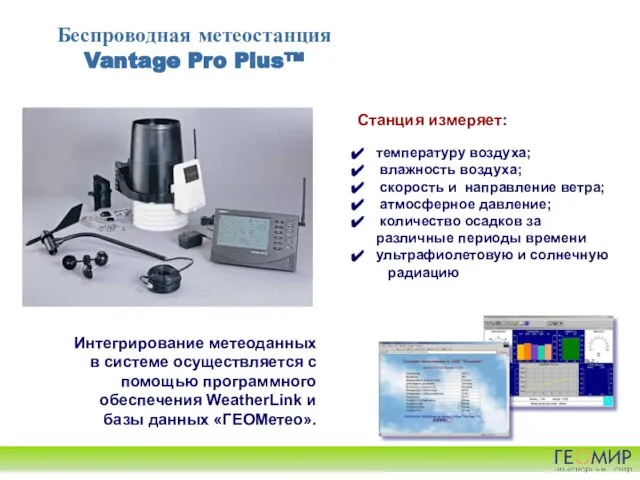 Беспроводная метеостанция Vantage Pro Plus™ Станция измеряет: температуру воздуха; влажность воздуха;