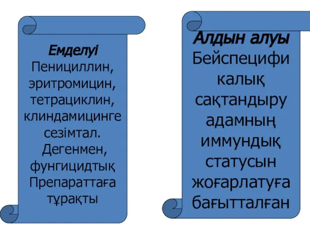 Емделуі Пенициллин, эритромицин, тетрациклин, клиндамицинге сезімтал. Дегенмен, фунгицидтық Препараттаға тұрақты Алдын