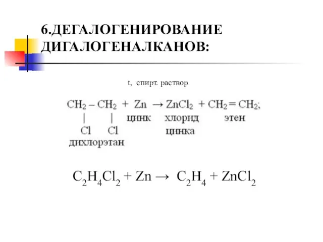 6.ДЕГАЛОГЕНИРОВАНИЕ ДИГАЛОГЕНАЛКАНОВ: t, спирт. раствор C2H4Cl2 + Zn → C2H4 + ZnCl2