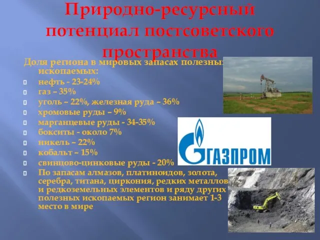 Природно-ресурсный потенциал постсоветского пространства Доля региона в мировых запасах полезных ископаемых: