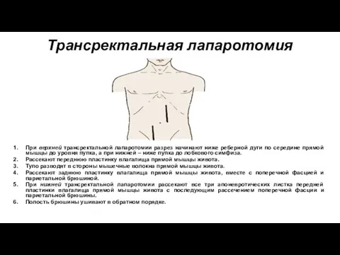 Трансректальная лапаротомия При верхней трансректальной лапаротомии разрез начинают ниже реберной дуги