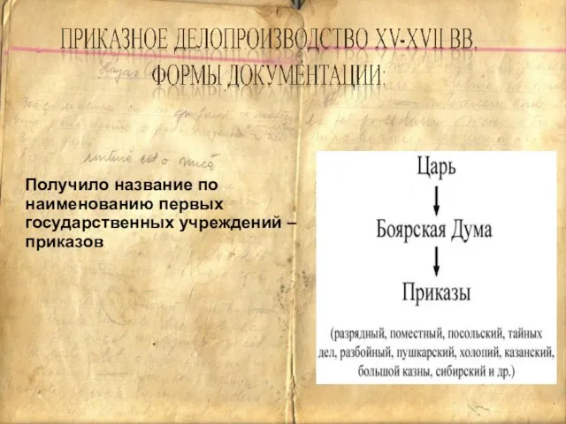 Получило название по наименованию первых государственных учреждений – приказов.