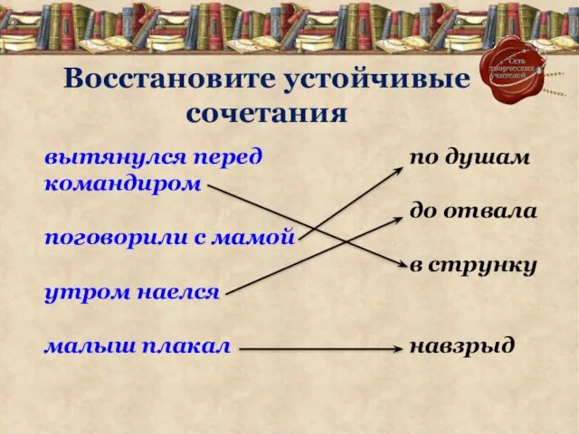 Восстановите устойчивые сочетания вытянулся перед командиром поговорили с мамой утром наелся