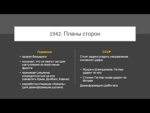 1942. Планы сторон Германия провал блицкрига осознает, что не хватит сил