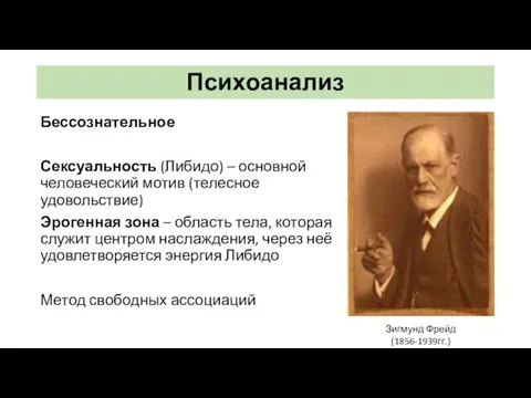 Психоанализ Бессознательное Сексуальность (Либидо) – основной человеческий мотив (телесное удовольствие) Эрогенная