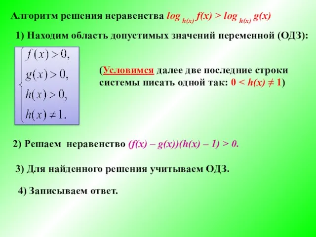 Алгоритм решения неравенства log h(x) f(x) > log h(x) g(x) 1)