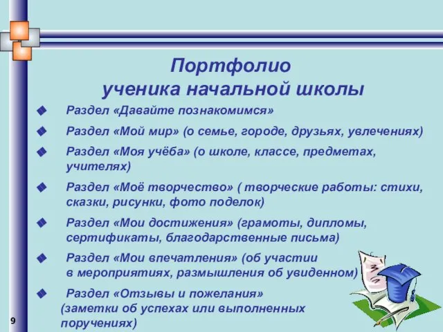 Портфолио ученика начальной школы Раздел «Давайте познакомимся» Раздел «Мой мир» (о