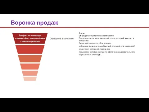 1 этап Обращение клиентов в компанию Сюда относится весь входящий поток,