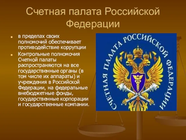 Счетная палата Российской Федерации в пределах своих полномочий обеспечивает противодействие коррупции