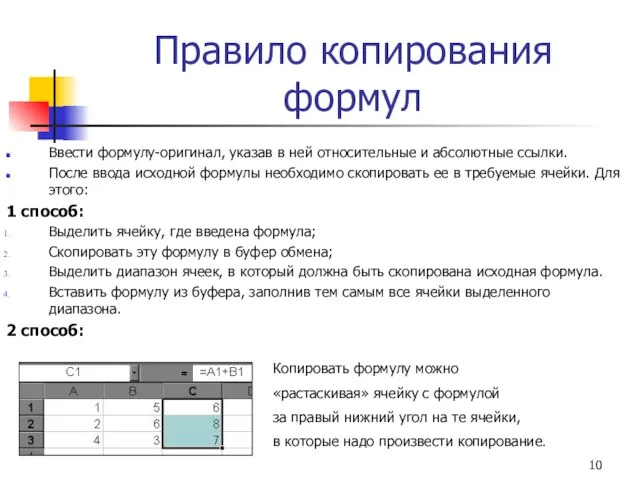 Правило копирования формул Ввести формулу-оригинал, указав в ней относительные и абсолютные