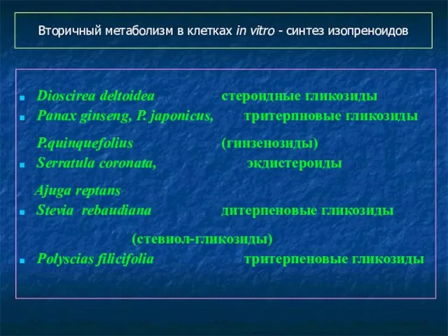 Вторичный метаболизм в клетках in vitro - синтез изопреноидов Dioscirea deltoidea