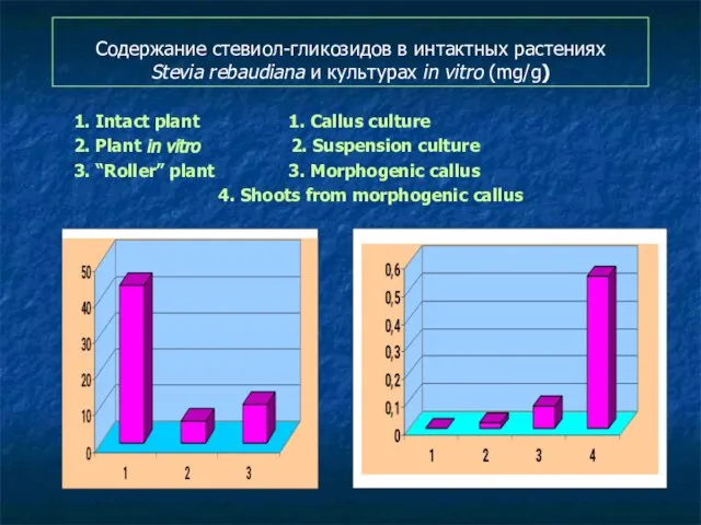 Содержание стевиол-гликозидов в интактных растениях Stevia rebaudiana и культурах in vitro