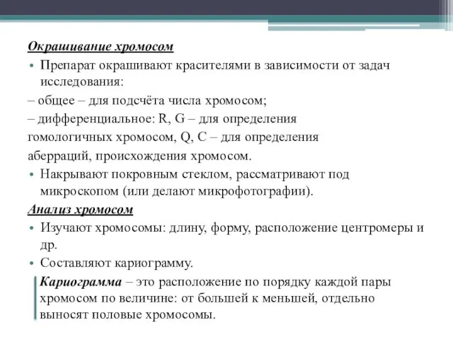 Окрашивание хромосом Препарат окрашивают красителями в зависимости от задач исследования: –