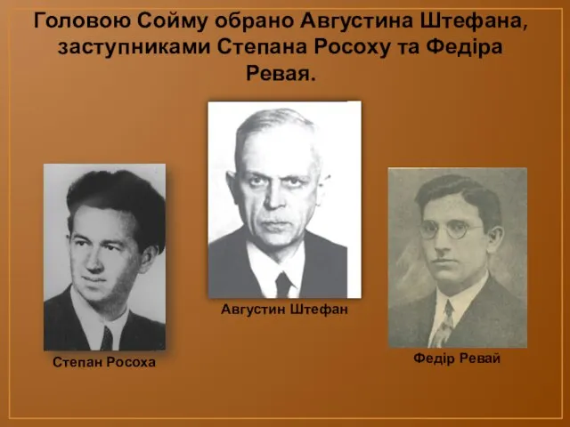 Головою Сойму обрано Августина Штефана, заступниками Степана Росоху та Федіра Ревая.