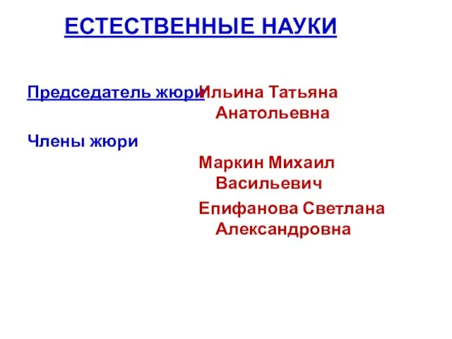 ЕСТЕСТВЕННЫЕ НАУКИ Председатель жюри Члены жюри Ильина Татьяна Анатольевна Маркин Михаил Васильевич Епифанова Светлана Александровна