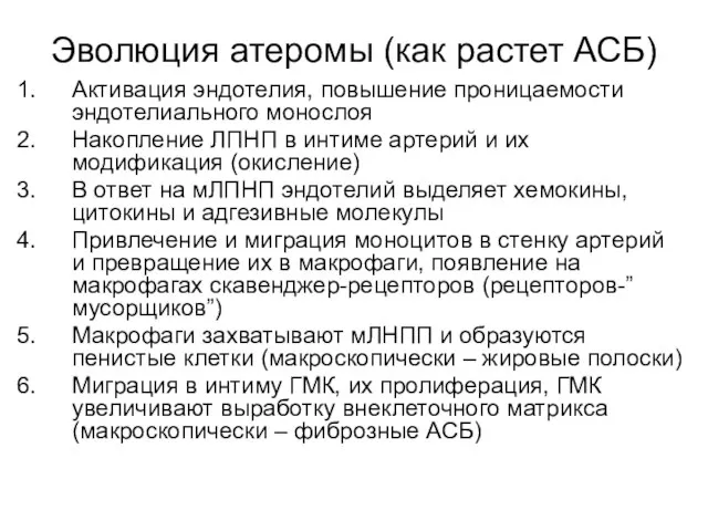 Эволюция атеромы (как растет АСБ) Активация эндотелия, повышение проницаемости эндотелиального монослоя