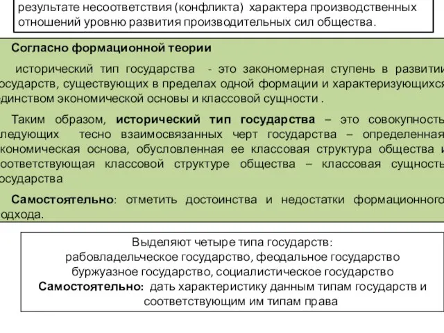 Выделяют четыре типа государств: рабовладельческое государство, феодальное государство буржуазное государство, социалистическое