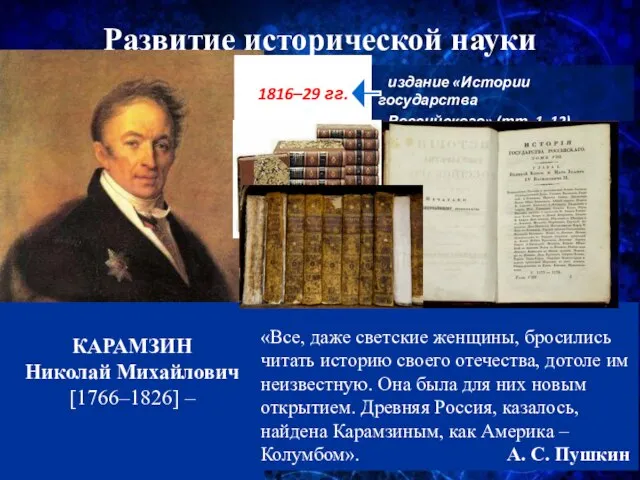 Развитие исторической науки КАРАМЗИН Николай Михайлович [1766–1826] – 1816–29 гг. издание