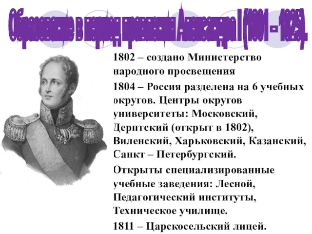 Образование в период правления Александра I (1801 – 1825). 1802 –