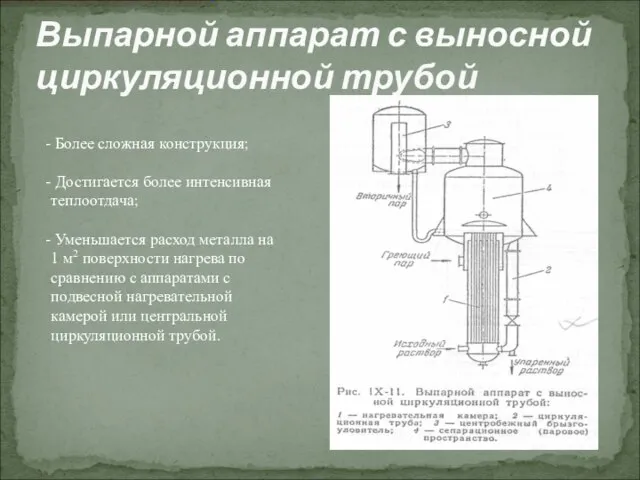 Выпарной аппарат с выносной циркуляционной трубой Более сложная конструкция; Достигается более