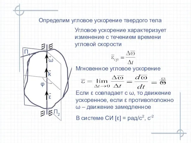 Угловое ускорение характеризует изменение с течением времени угловой скорости Определим угловое