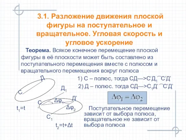 Теорема. Всякое конечное перемещение плоской фигуры в её плоскости может быть