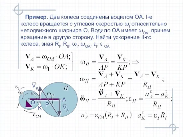 Пример. Два колеса соединены водилом ОА. I-е колесо вращается с угловой