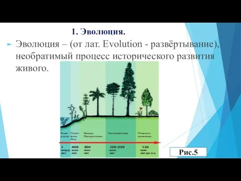 1. Эволюция. Эволюция – (от лат. Evolution - развёртывание), необратимый процесс исторического развития живого. Рис.5