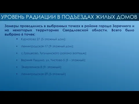 УРОВЕНЬ РАДИАЦИИ В ПОДЪЕЗДАХ ЖИЛЫХ ДОМОВ Замеры проводились в выбранных точках