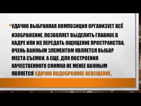 УДАЧНО ВЫБРАННАЯ КОМПОЗИЦИЯ ОРГАНИЗУЕТ ВСЁ ИЗОБРАЖЕНИЕ, ПОЗВОЛЯЕТ ВЫДЕЛИТЬ ГЛАВНОЕ В КАДРЕ