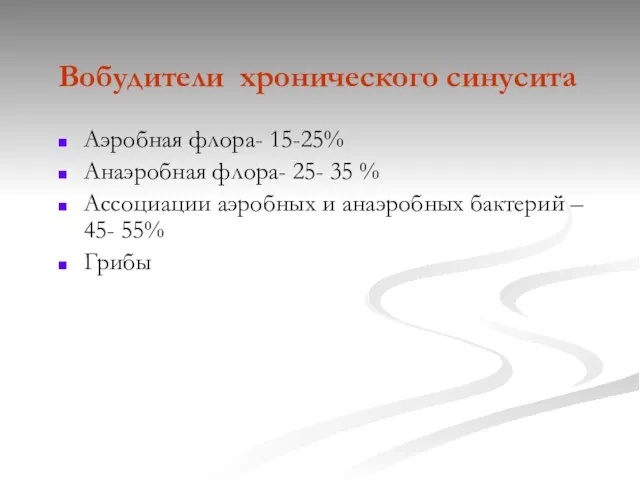 Вобудители хронического синусита Аэробная флора- 15-25% Анаэробная флора- 25- 35 %